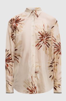 Бежевая блуза из шелка в брендовый принт