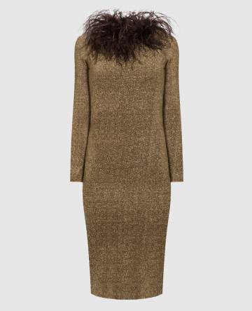 Оливковое платье HS22 Lumiere Plumage со страусиными перьями