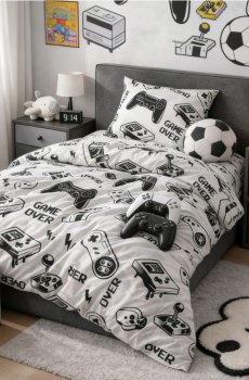 Комплект бавовняної постільної білизни з ігровим мотивом - чорний