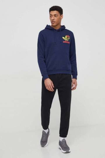 Хлопковая кофта adidas Originals мужская цвет синий с капюшоном с принтом Хлопковая кофта adidas Originals мужская цвет синий с капюшоном с принтом