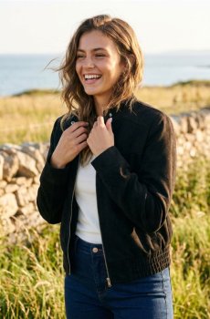 Куртка з імітації замші зі стійким коміром на кнопці - чорний