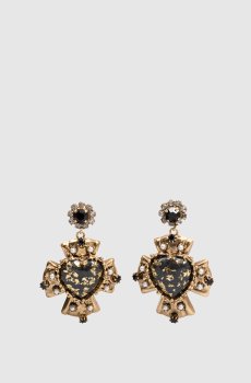 Золотые серьги в форме сердца с кристаллами и бусинами