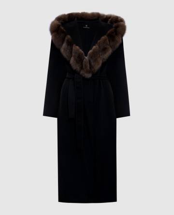 Черное пальто из шерсти и кашемира с мехом