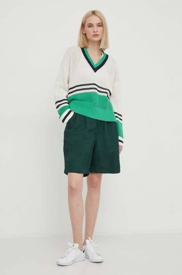 Шорты с примесью льна Tommy Hilfiger цвет зелёный однотонные высокая посадка Шорты с примесью льна Tommy Hilfiger цвет зелёный однотонные высокая посадка