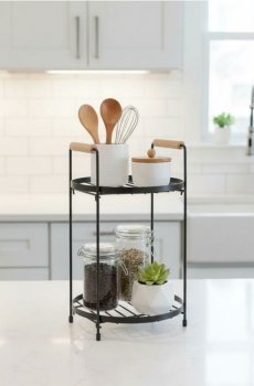 Дворівнева металева полиця з бамбуковими ручками - чорний