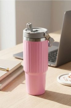 Термокружка з ручкою та соломинкою - пастельний рожевий