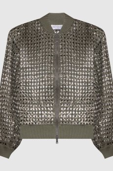 Ажурный кардиган цвета хаки из шелка и льна в пайетке