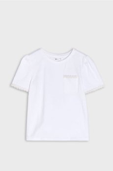 Бавовняна футболка з в’язаними квітами та кишенею - білий