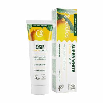 Зубная паста Nordics Cosmos Organic Super White Натуральное отбеливание, с лимоном и мятой, 75 мл Зубная паста Nordics Cosmos Organic Super White Натуральное отбеливание, с лимоном и мятой, 75 мл