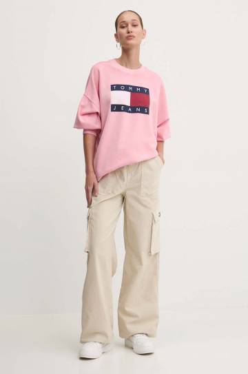 Хлопковые брюки Tommy Jeans цвет бежевый широкие высокая посадка DW0DW18507 Хлопковые брюки Tommy Jeans цвет бежевый широкие высокая посадка DW0DW18507