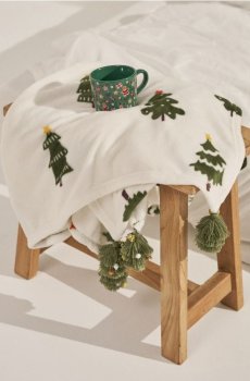 Плед з різдвяним принтом - кремовий