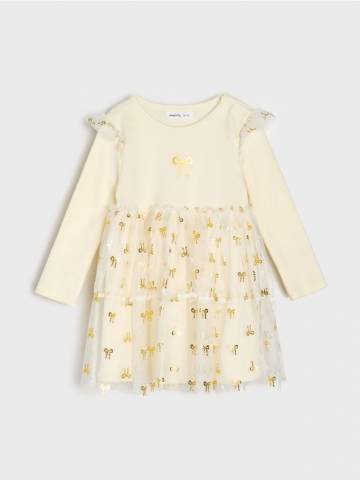 Сукня з тюлем та блискучим принтом - кремовий
