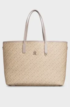Женская бежевая сумка с узором TH MONOPLAY LEATHER TOTE Бежевый ONESIZE Tommy Hilfiger AW0AW16441