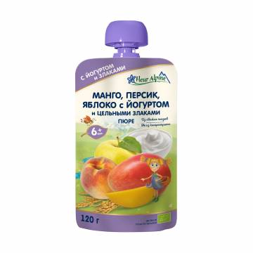 Детское фруктовое пюре Fleur Alpine Organic Манго, персик, яблоко и йогурт, от 6 месяцев, 120 г Детское фруктовое пюре Fleur Alpine Organic Манго, персик, яблоко и йогурт, от 6 месяцев, 120 г