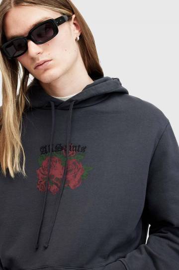 Хлопковая кофта AllSaints MELROSE мужская цвет серый с капюшоном с принтом M007NB Хлопковая кофта AllSaints MELROSE мужская цвет серый с капюшоном с принтом M007NB