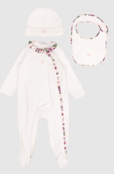 Детский белый набор из комбинезона, шапочки и слюнявчика