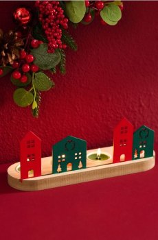 Свічник з різдвяним мотивом будиночків - різнобарвний