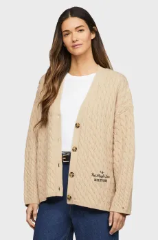 Женский бежевый шерстяной кардиган WOOL BLEND CABLE V-NK Бежевый M-L Tommy Hilfiger WW0WW42143