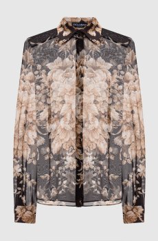 Коричневые блузки из шелка в цветочный принт