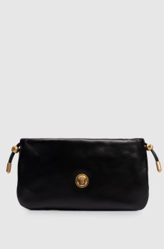 Черная кожаная сука сумка-кисет с фактурной эмблемой