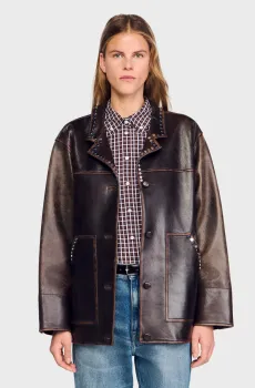 Женская бордовая кожаная куртка Бордовый 38 Sandro SFPBL01172_Brown