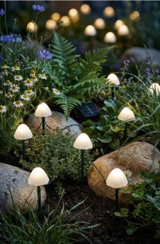 Садові сонячні LED ліхтарі у формі грибів - білий