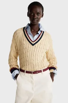 Женский бежевый пуловер VARSITY CABLE V-NK SWEATER LS Бежевый XS Tommy Hilfiger WW0WW43972