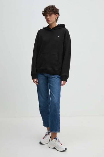 Хлопковая кофта Calvin Klein Jeans женская цвет чёрный с капюшоном однотонная J20J224173 Хлопковая кофта Calvin Klein Jeans женская цвет чёрный с капюшоном однотонная J20J224173
