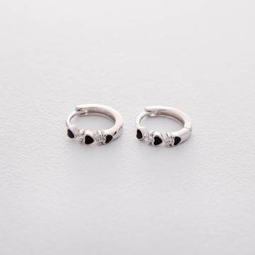 Серебряные серьги - кольца с сердечками (эмаль, фианит) 122455 Серебряные серьги - кольца с сердечками (эмаль, фианит) 122455