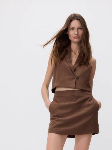 Reserved - Шорти-спідниця з додаванням льону - темно коричневий - 725AC-89X