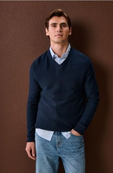 Бавовняний светр з V-подібним вирізом - темно-синій