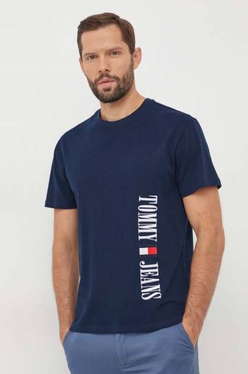 Хлопковая футболка Tommy Jeans мужской цвет синий с аппликацией Хлопковая футболка Tommy Jeans мужской цвет синий с аппликацией
