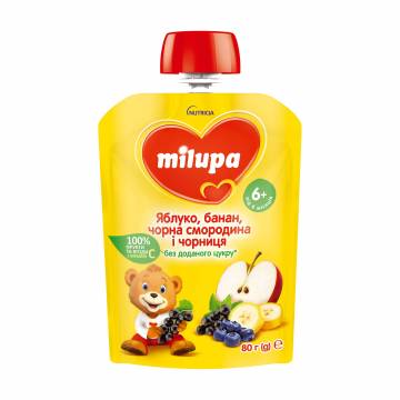 Детское фруктовое пюре Milupa Яблоко, банан, черная смородина и ежевика, от 6 месяцев, 80 г Детское фруктовое пюре Milupa Яблоко, банан, черная смородина и ежевика, от 6 месяцев, 80 г