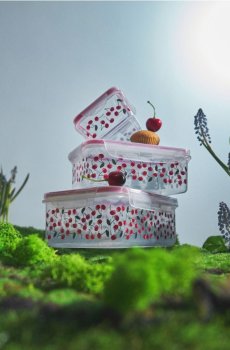Набір контейнерів для їжі з підставкою та вишневим мотивом 3 pack - червоний