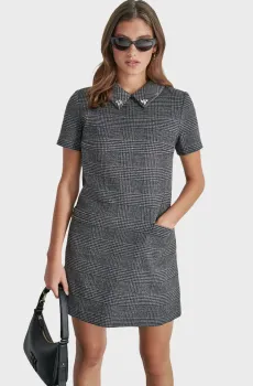 Женское серое шерстяное платье в клетку Серый S DKNY D2G4A190