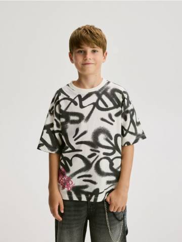 Reserved - Бавовняна футболка з принтом - кремовий - 045FH-01X