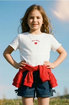 Бавовняна футболка з вишивкою та оборкою - білий