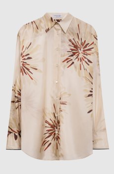 Бежевая блуза из шелка в брендовый принт
