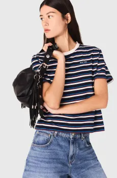 Женская темно-синяя футболка в полоску Синий 34 MAJE MFPTS00969_White-Navy