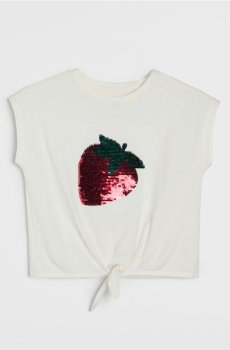 Бавовняна футболка з блискучими паєтками та мотивом полуниці - кремовий