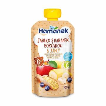 Детское фруктово-ягодное пюре Hamanek Яблоко, банан, черника и пшено, от 6 месяцев, 100 г Детское фруктово-ягодное пюре Hamanek Яблоко, банан, черника и пшено, от 6 месяцев, 100 г