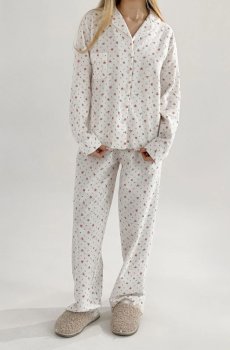 Пижамный комплект женский Miso Роза, фланель, штаны и кофта, белый, размер M (14010)