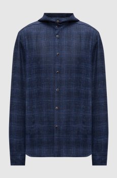 Синяя рубашка из шерсти, шелка и льна с капюшоном