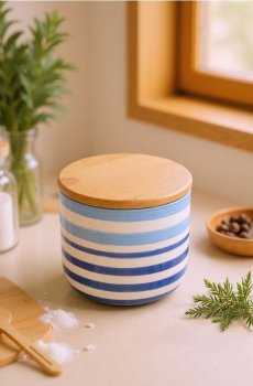 Керамічний контейнер для продуктів з бамбуковою кришкою - кобальтовий